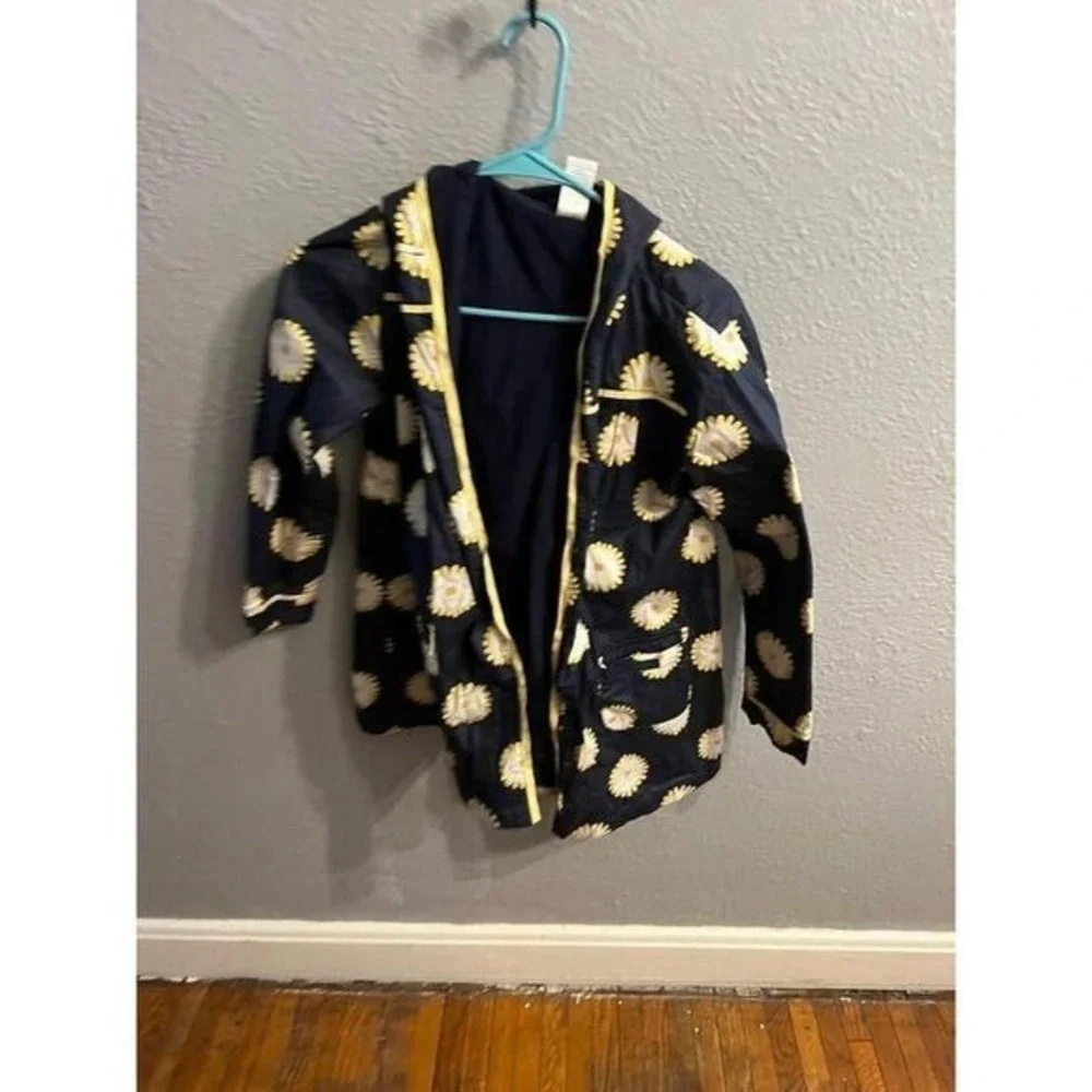 Girls navy‎ blue yellow white sunflower rain jacket size large 10/12